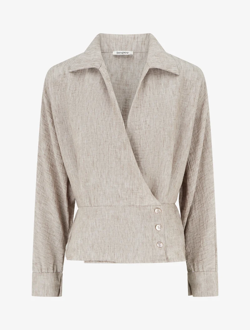 Blouse élastiquée à col cache-coeur - Taupe chiné