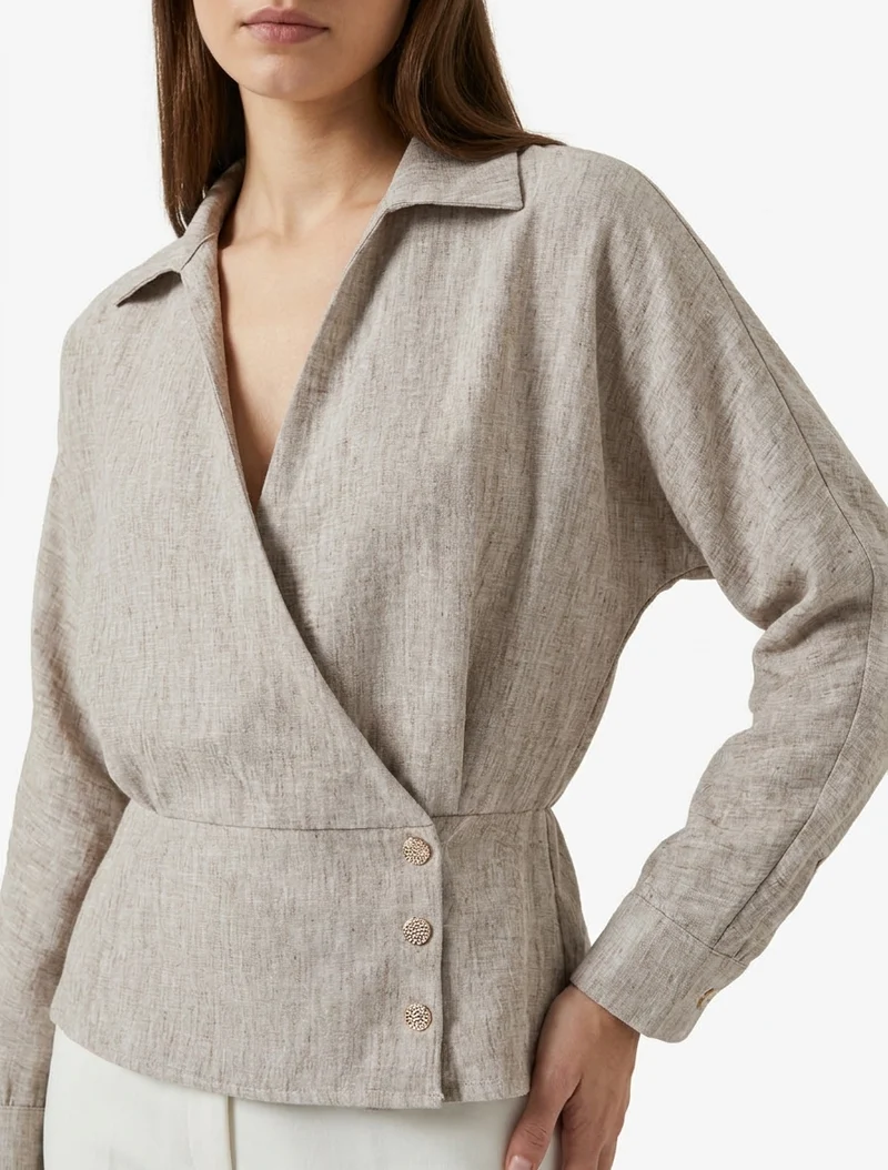 Blouse élastiquée à col cache-coeur - Taupe chiné