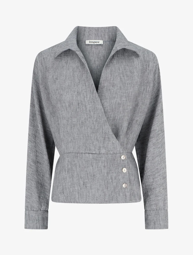 Blouse élastiquée à col cache-coeur - Noir chiné