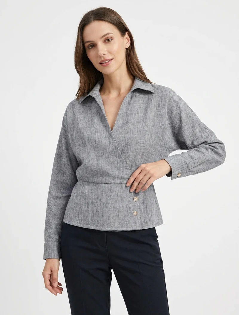 Blouse élastiquée à col cache-coeur - Noir chiné