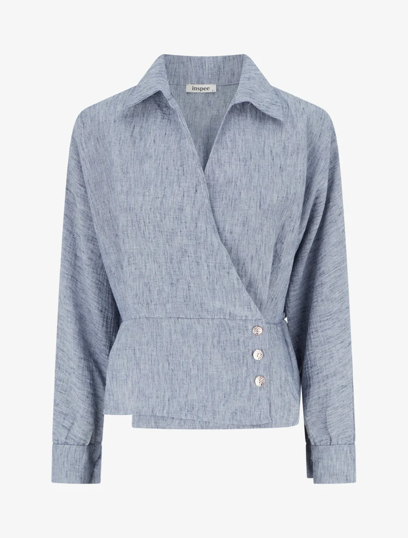 Blouse élastiquée à col cache-coeur - Bleu chiné