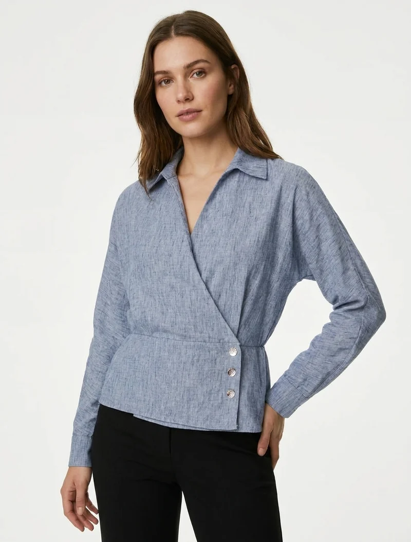 Blouse élastiquée à col cache-coeur - Bleu chiné