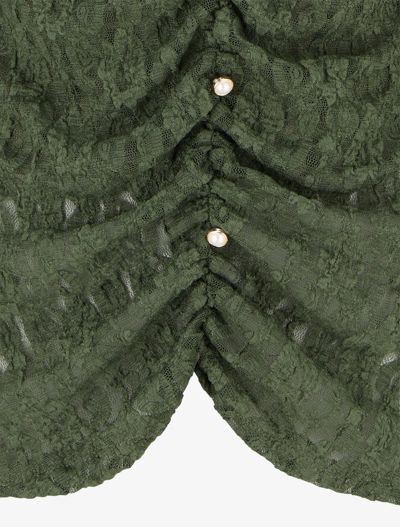 Top dentelle effet froncé à boutons décoratifs - Kaki