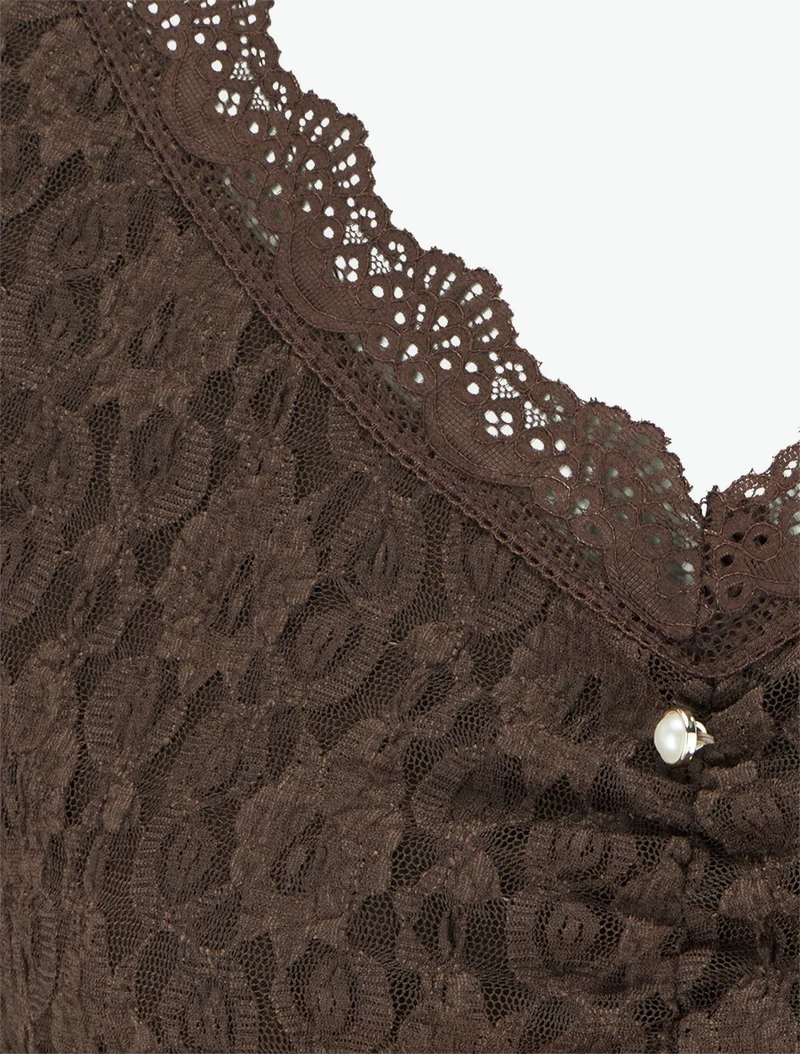 Top dentelle effet froncé à boutons décoratifs - Marron