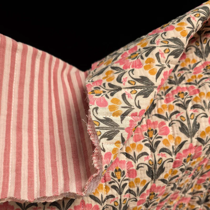 Double Gaze Matelassée Réversible | Fleurs vintage & rayures rose