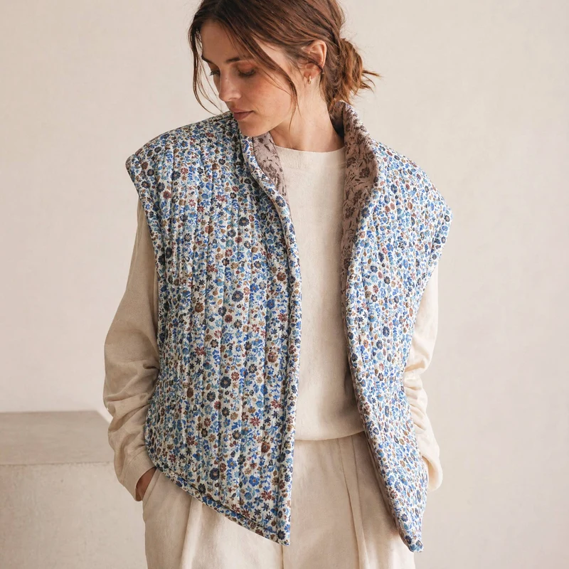 Double gaze matelassée réversible | Fleuri bleu & moka