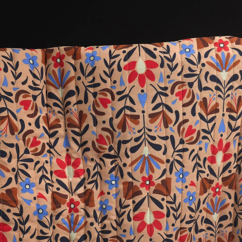 Coton matelassé réversible | Motif floral folklorique & géométrique | Beige chaud