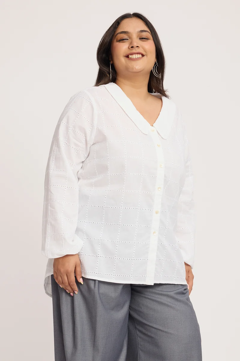 Helsya|100% Cotton Boxy Eyelet Shirt