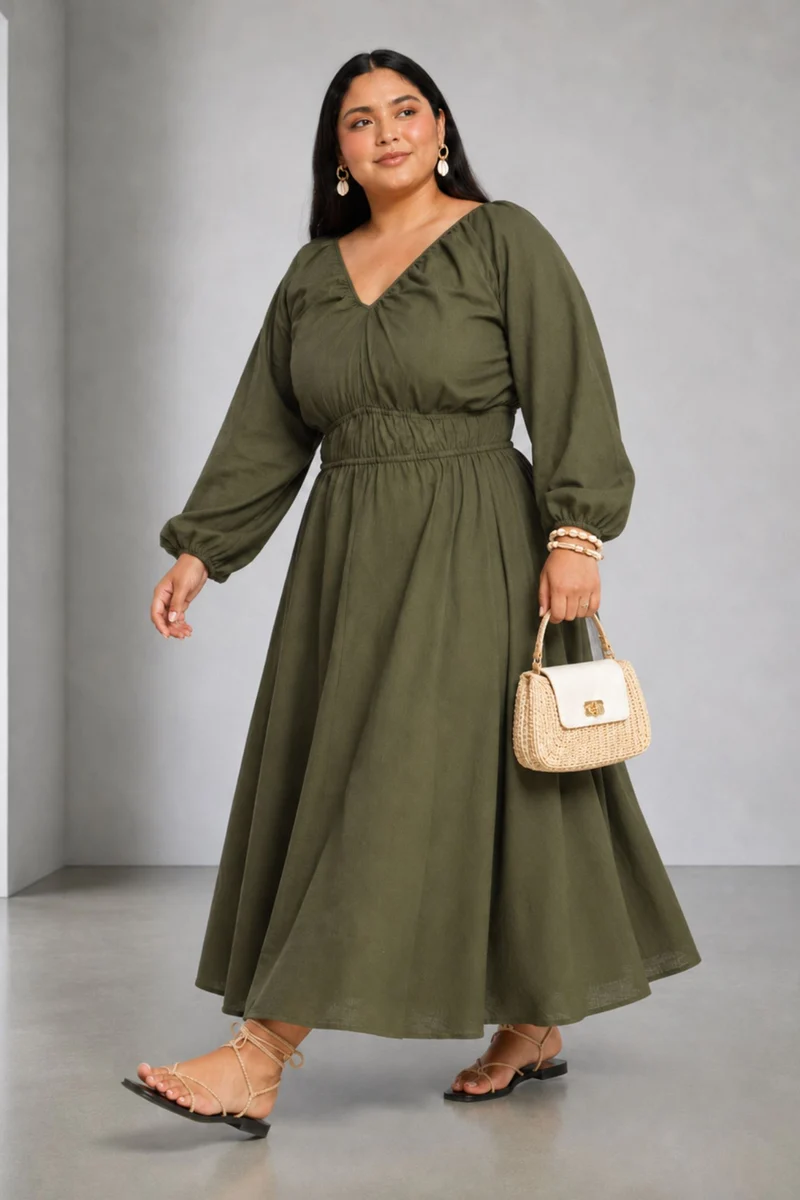 Jorrid|100% Cotton V Neck Gathered Maxi Dress