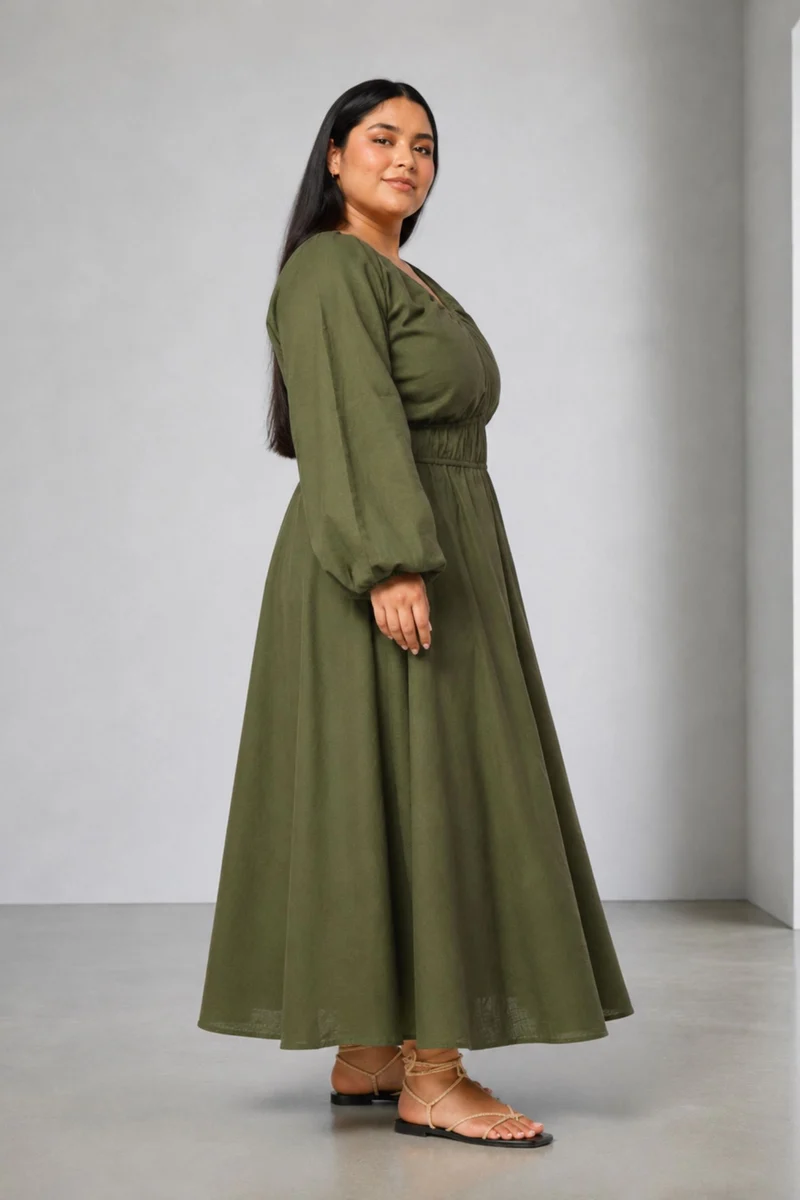 Jorrid|100% Cotton V Neck Gathered Maxi Dress