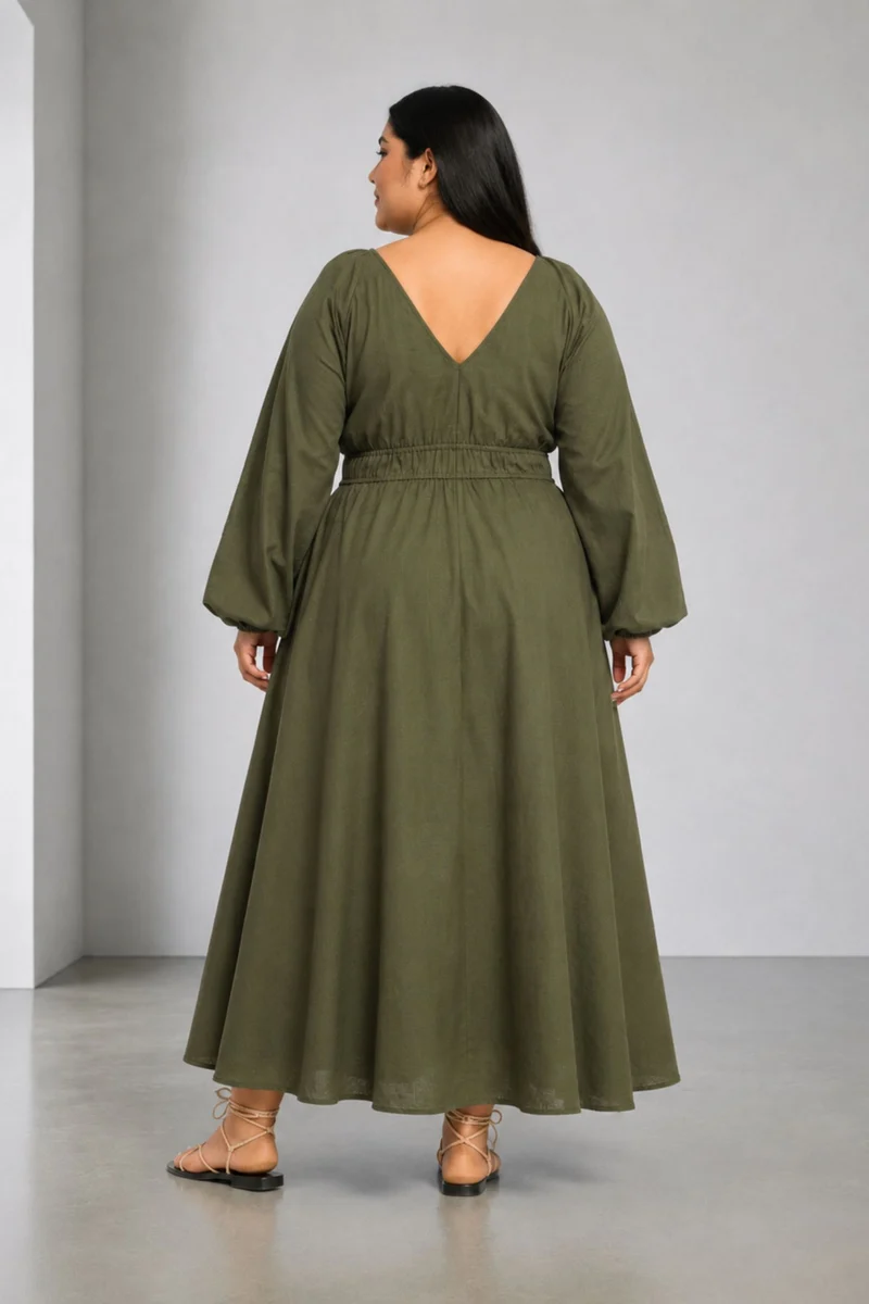 Jorrid|100% Cotton V Neck Gathered Maxi Dress