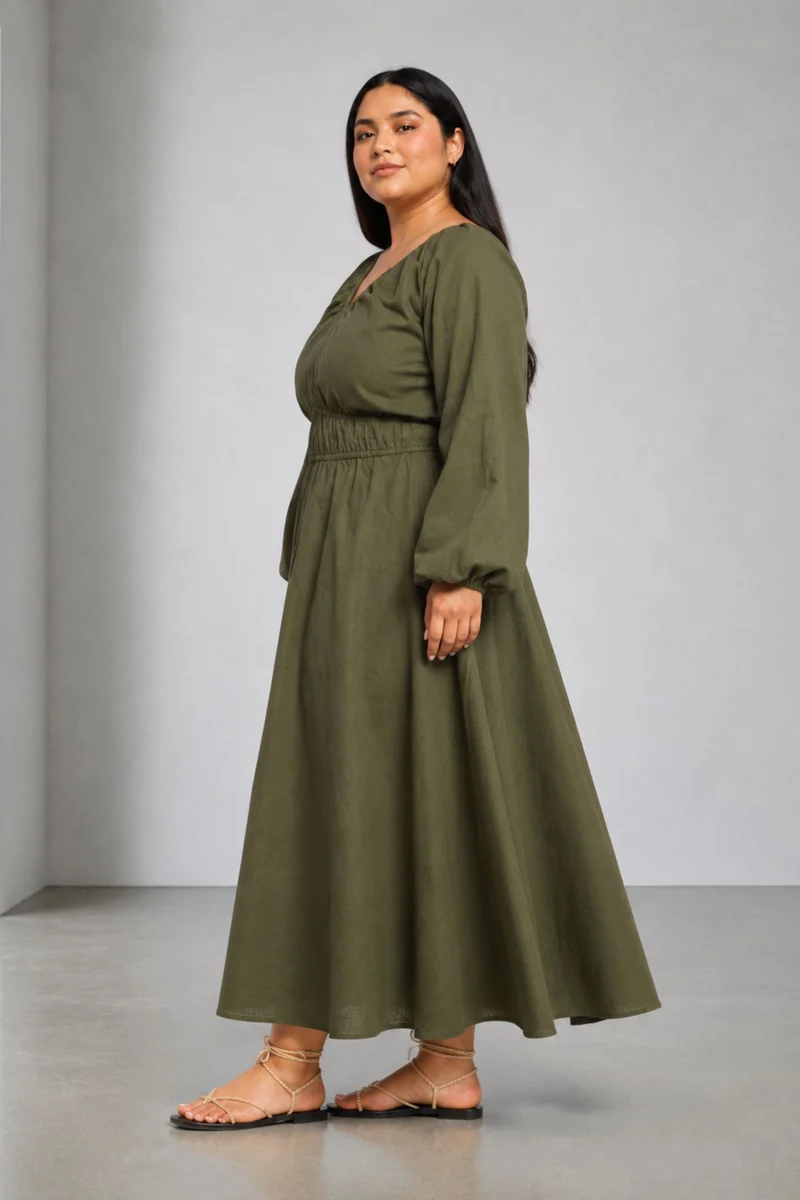 Jorrid|100% Cotton V Neck Gathered Maxi Dress