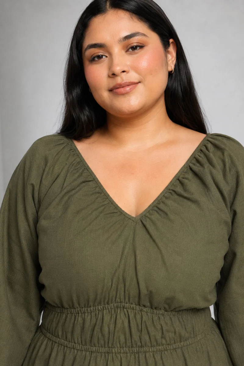 Jorrid|100% Cotton V Neck Gathered Maxi Dress
