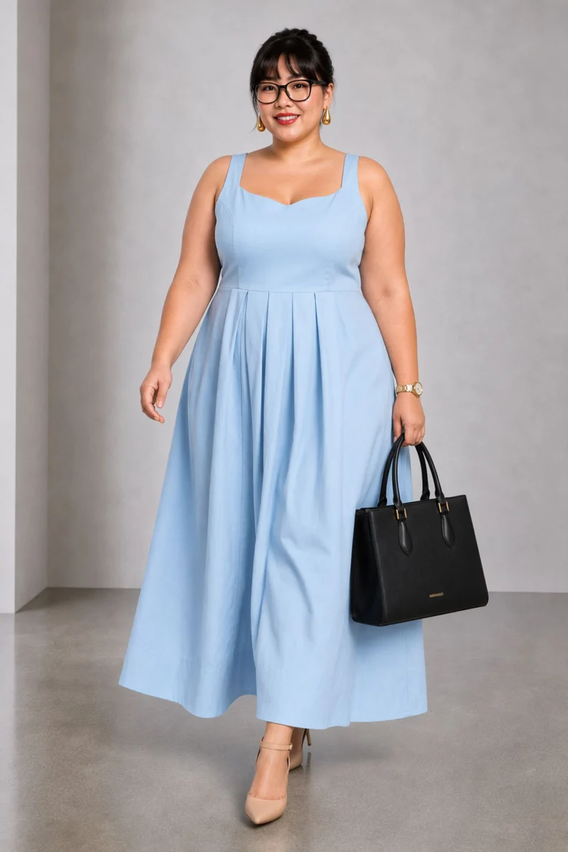 Civo|Viscose Pleated Dress With Sweetheart Neck