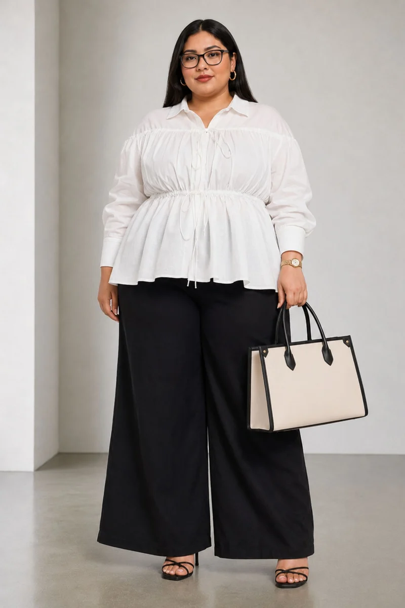 Teive|100% Cotton Gathered Tie Up Shirt