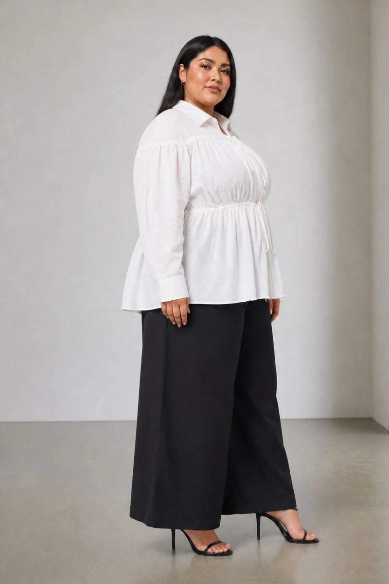 Teive|100% Cotton Gathered Tie Up Shirt