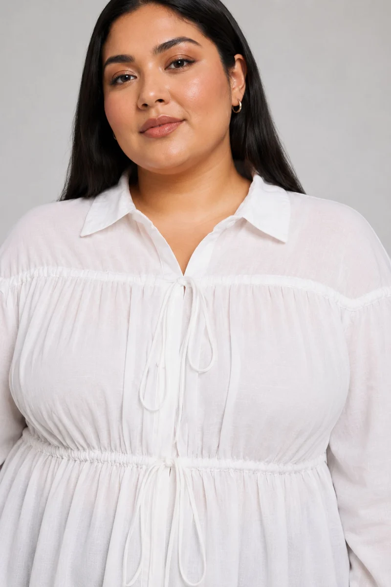 Teive|100% Cotton Gathered Tie Up Shirt