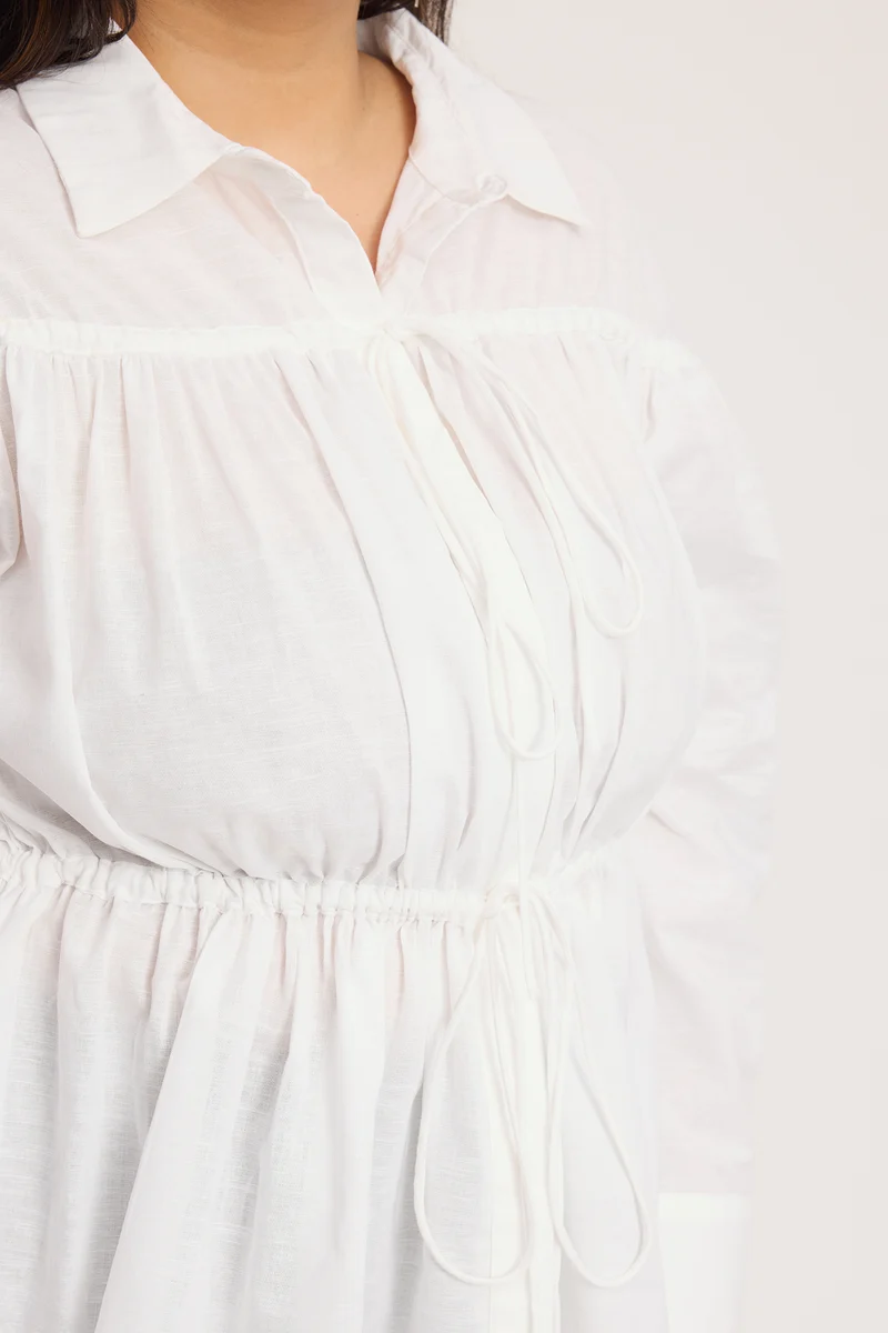 Teive|100% Cotton Gathered Tie Up Shirt