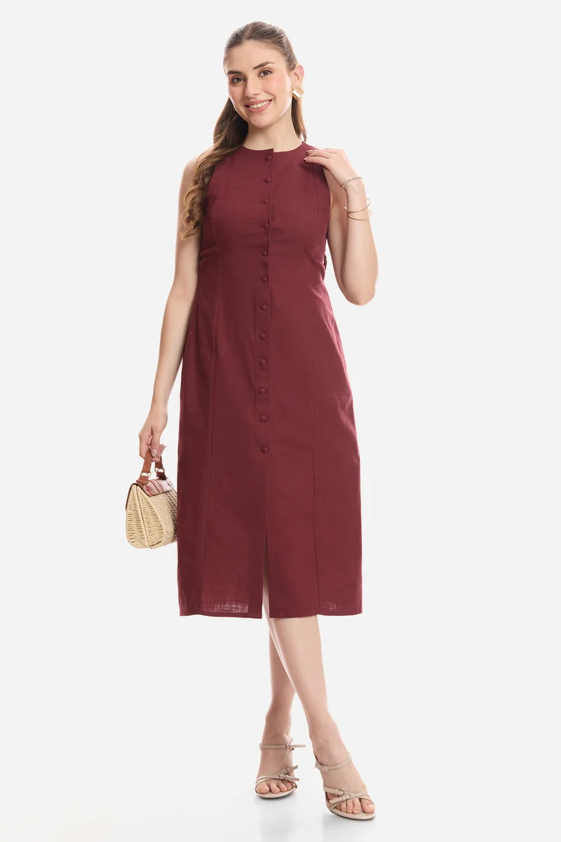 Fiara|100% Cotton Sleeveless Midi Dress