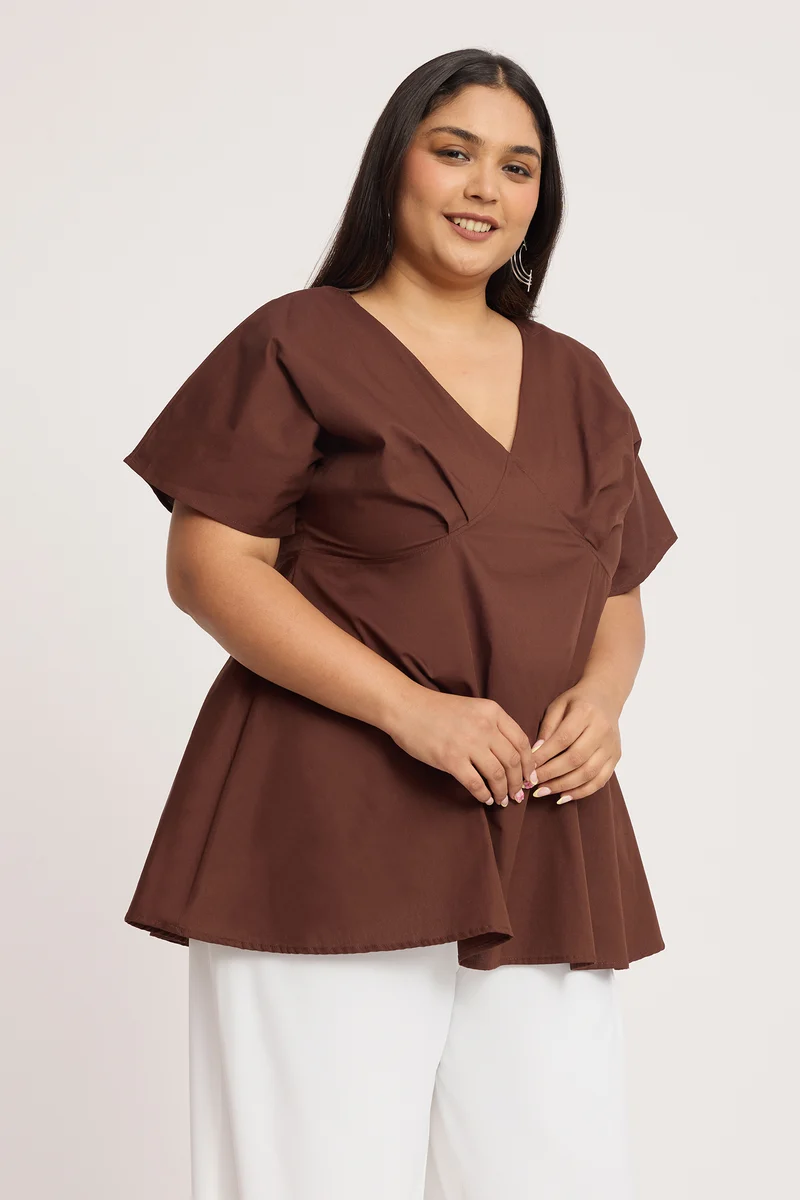 Ashaya|100% Cotton V Neck Fit & Flare Top