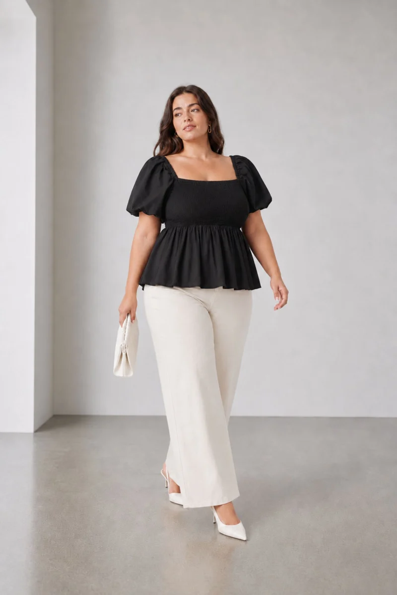 Aisve|100% Cotton Smocked Square Neck Top