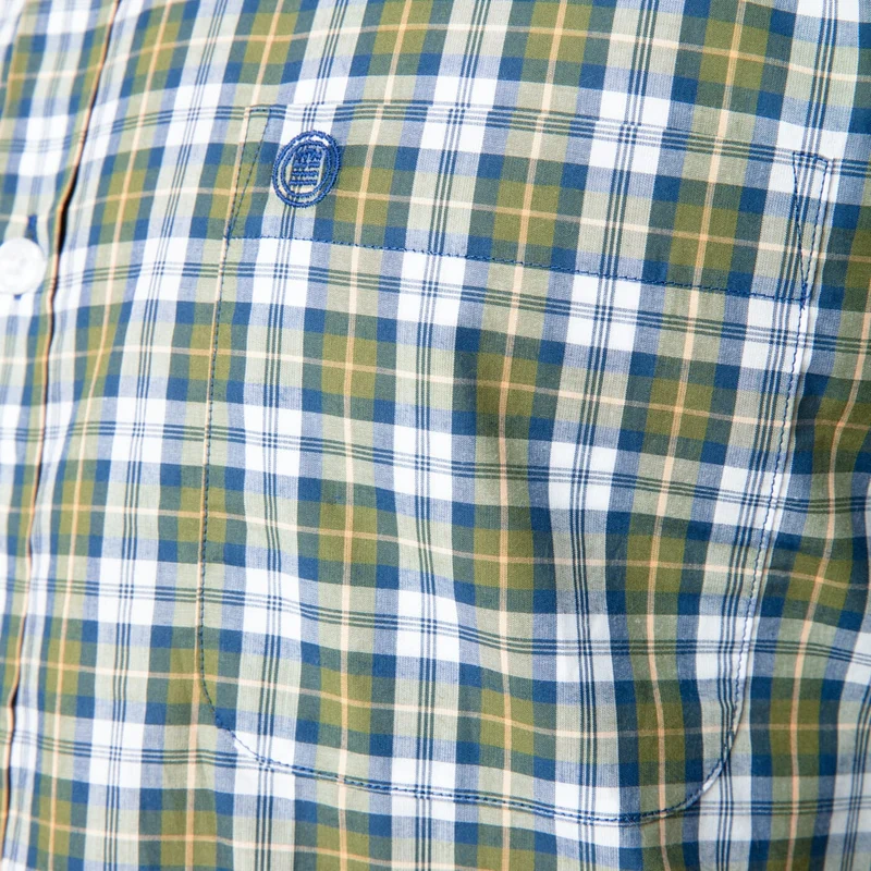 Chemise manches longues à carreaux vert et bleu en coton coupe ajustée