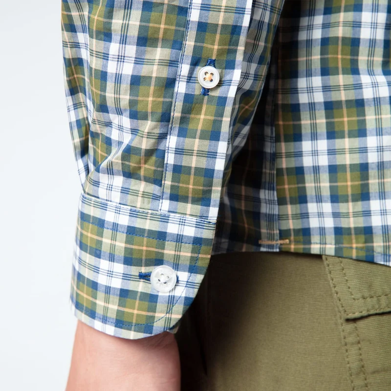Chemise manches longues à carreaux vert et bleu en coton coupe ajustée