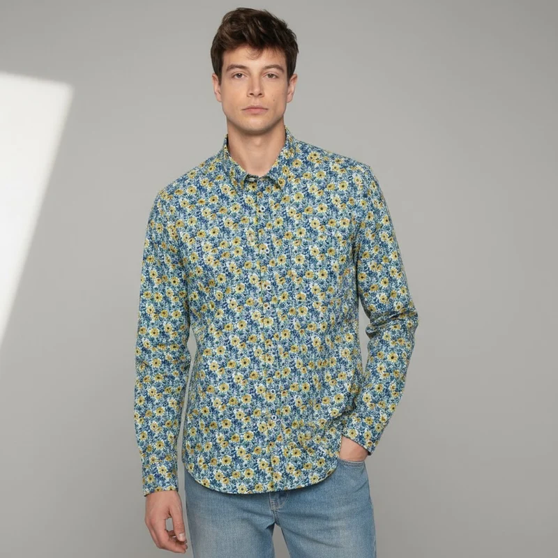 Chemise regular bleu aviateur imprimé bleuet