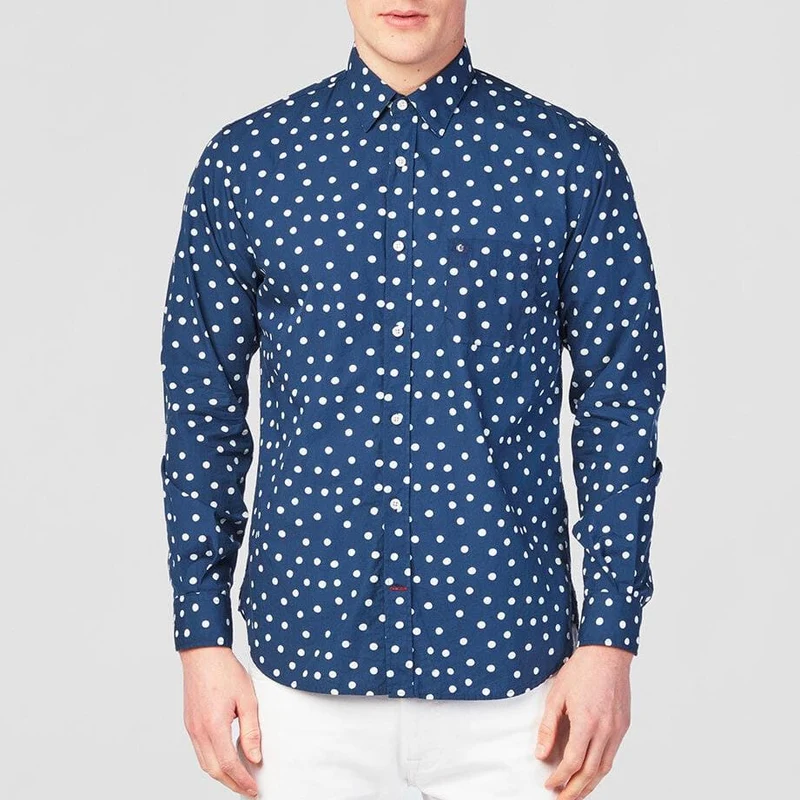Chemise manches longues à pois bleu foncé en coton