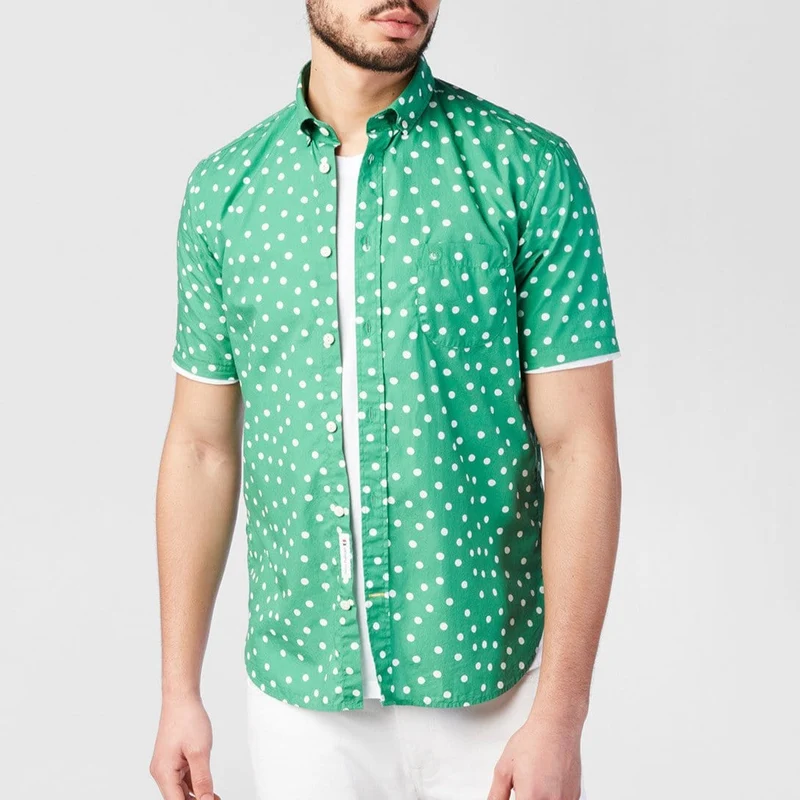 Chemise à pois manches courtes vert gazon en coton