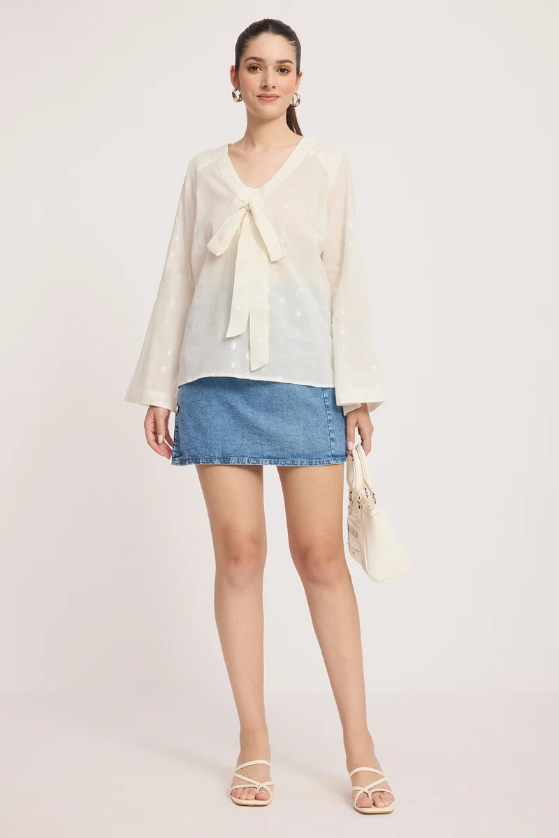 Inka|Cotton V-Neck Bow Detail Bell Sleeve Top