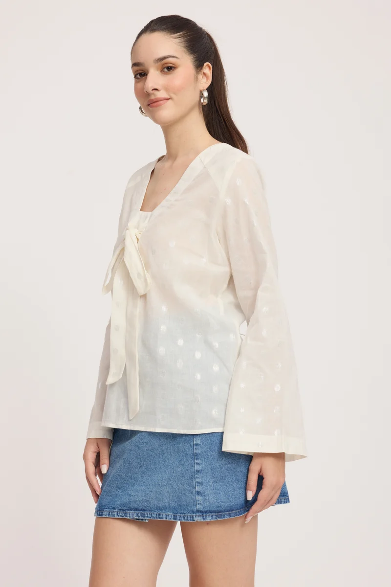 Inka|Cotton V-Neck Bow Detail Bell Sleeve Top