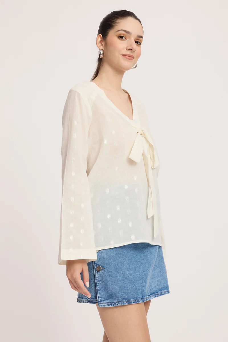 Inka|Cotton V-Neck Bow Detail Bell Sleeve Top