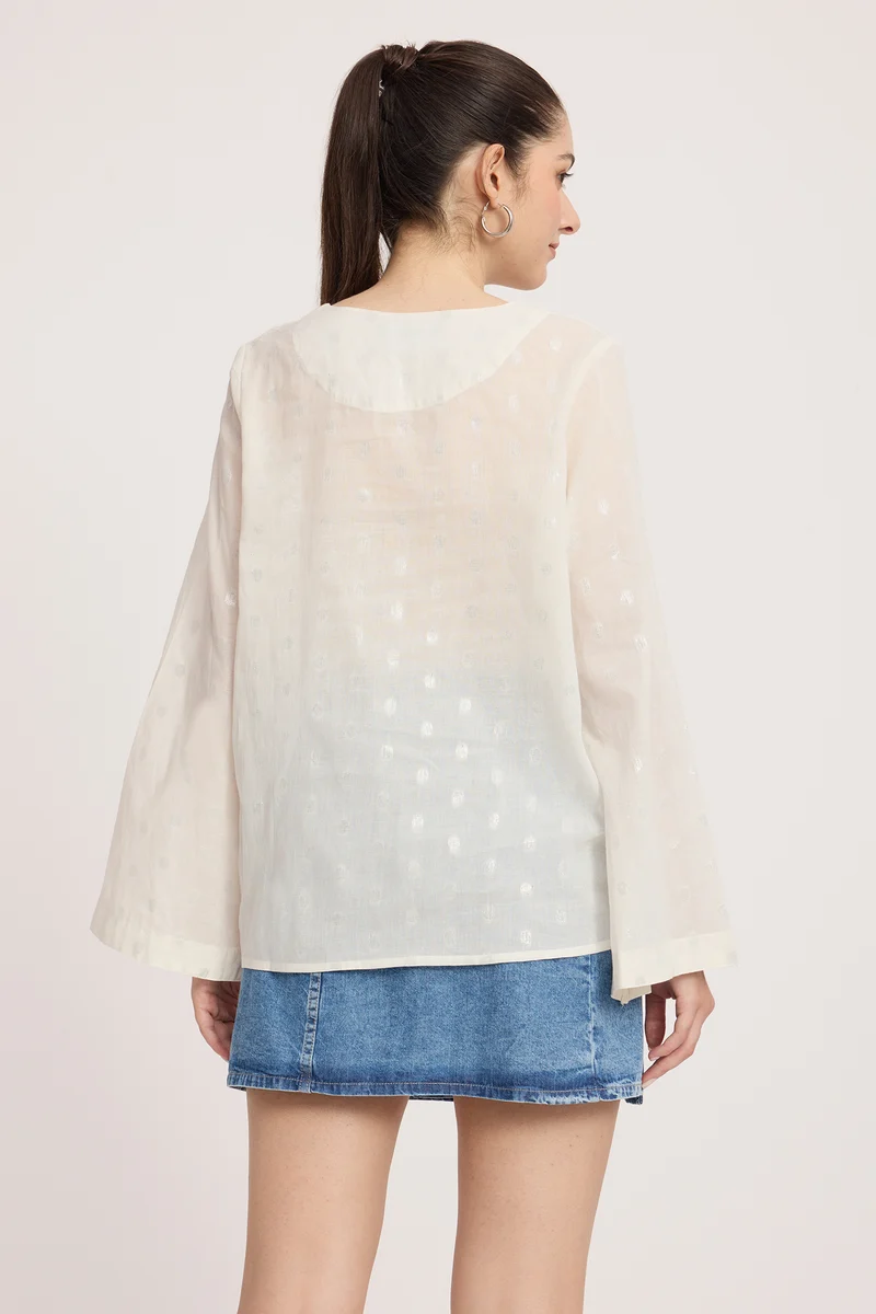 Inka|Cotton V-Neck Bow Detail Bell Sleeve Top