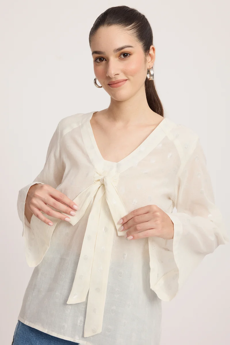 Inka|Cotton V-Neck Bow Detail Bell Sleeve Top