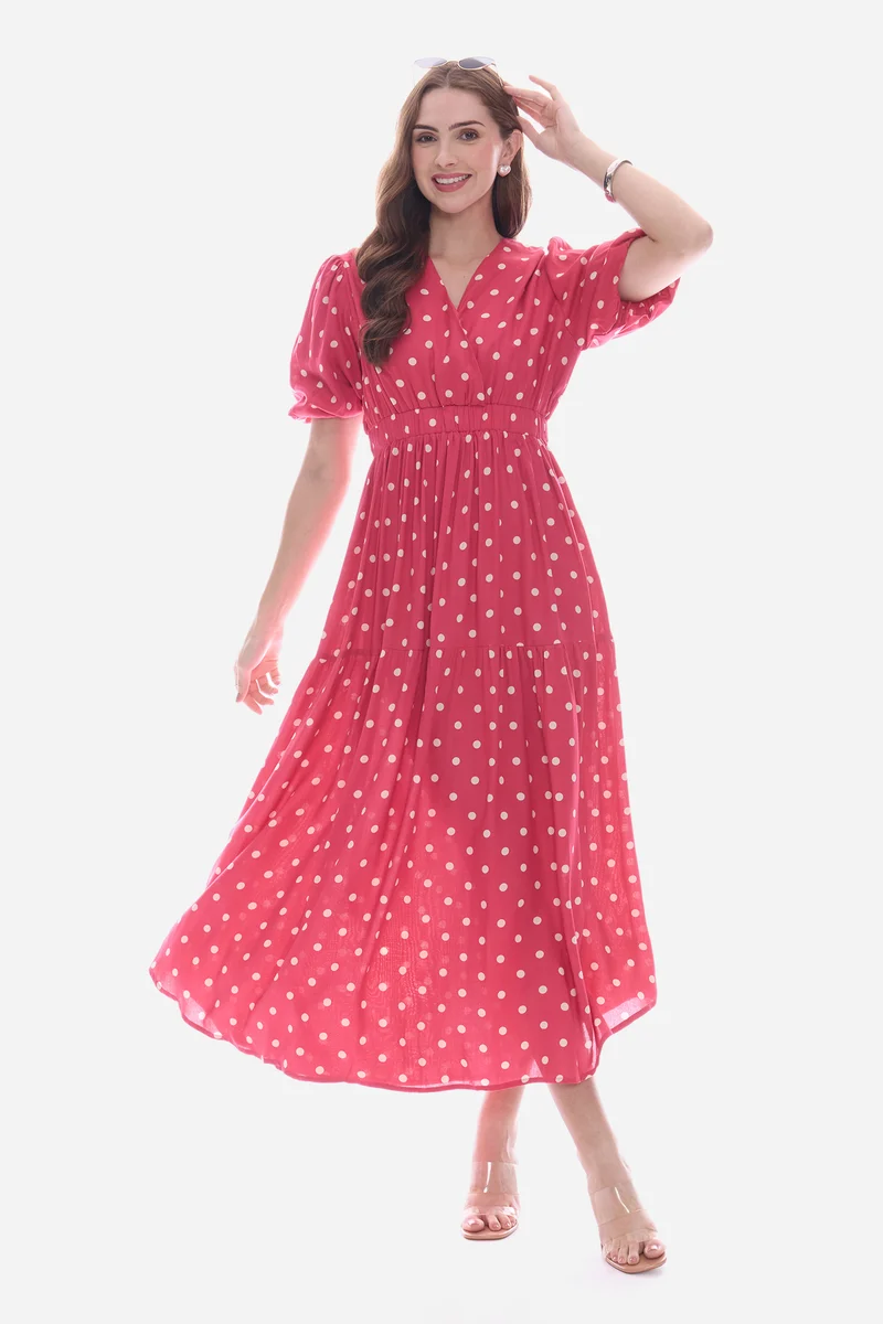 Emdy|100% Viscose Wrap Neck Midi Polka Dress
