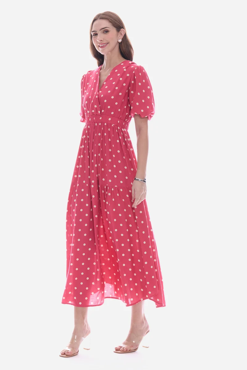 Emdy|100% Viscose Wrap Neck Midi Polka Dress