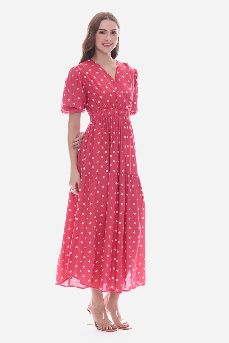 Emdy|100% Viscose Wrap Neck Midi Polka Dress