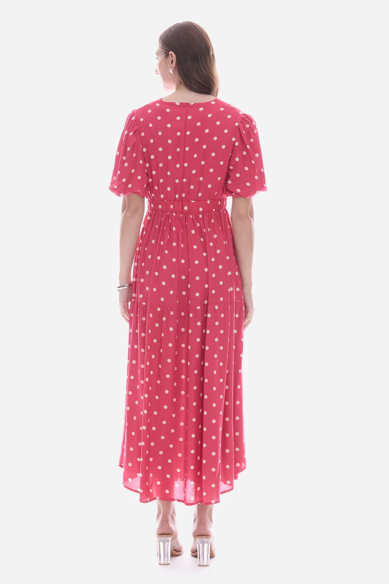 Emdy|100% Viscose Wrap Neck Midi Polka Dress