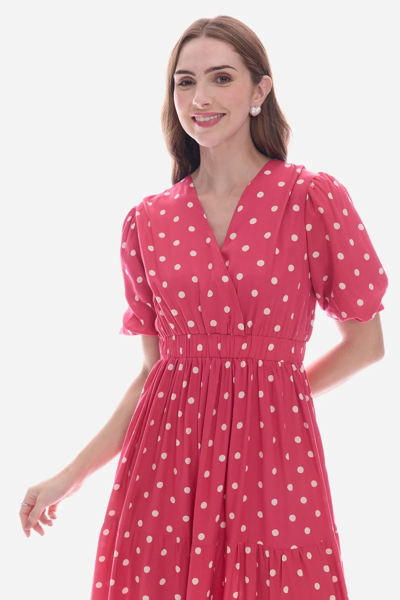 Emdy|100% Viscose Wrap Neck Midi Polka Dress