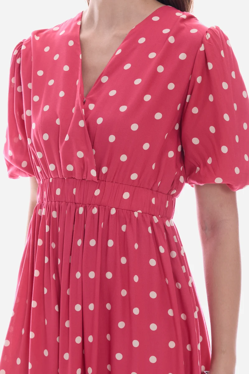 Emdy|100% Viscose Wrap Neck Midi Polka Dress