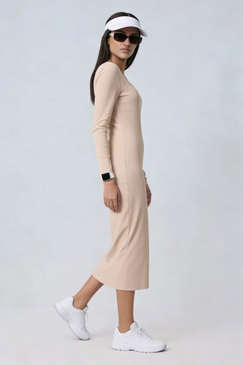Ganu|100% Cotton Square Neck Ribbed Dress