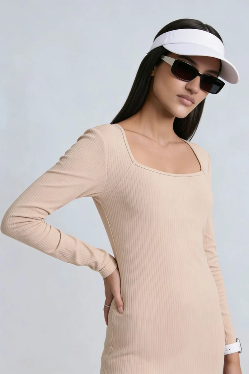 Ganu|100% Cotton Square Neck Ribbed Dress