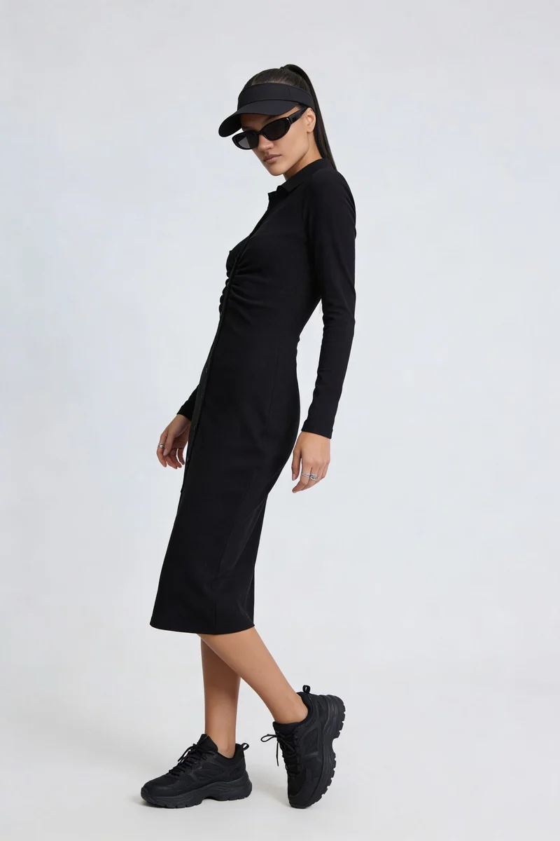 Nanaiu|100% Cotton Ruched Front Rib Midi Dress