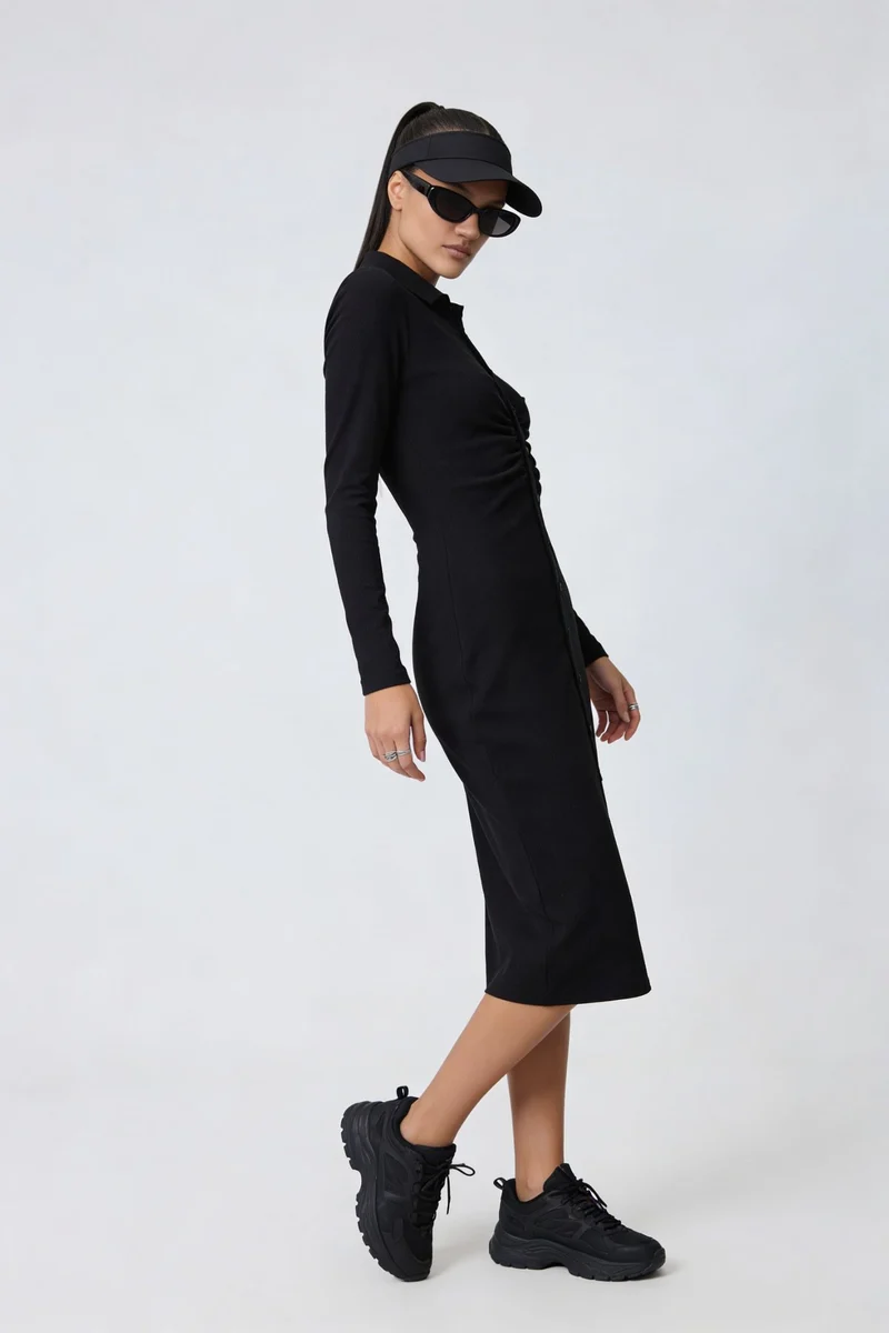 Nanaiu|100% Cotton Ruched Front Rib Midi Dress