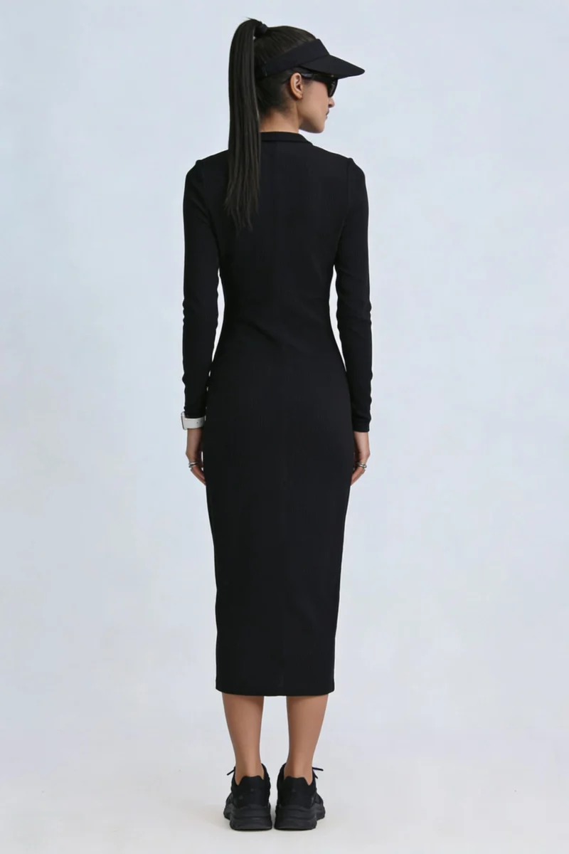 Nanaiu|100% Cotton Ruched Front Rib Midi Dress