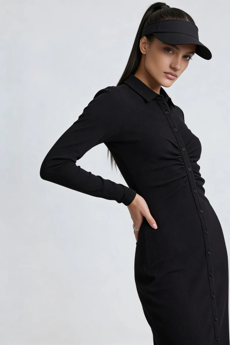 Nanaiu|100% Cotton Ruched Front Rib Midi Dress
