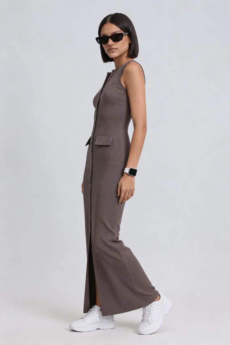 Gana|100% Cotton Ribbed Front Closure Maxi Dress