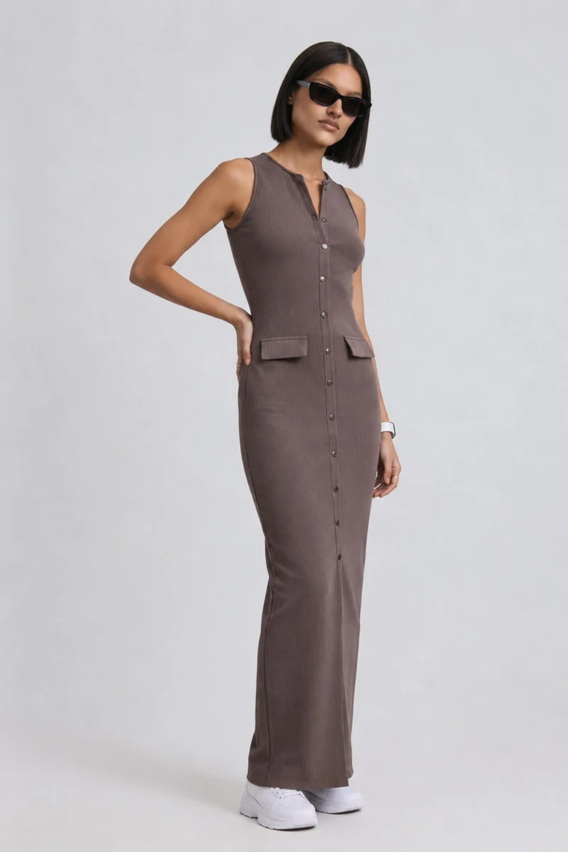 Gana|100% Cotton Ribbed Front Closure Maxi Dress