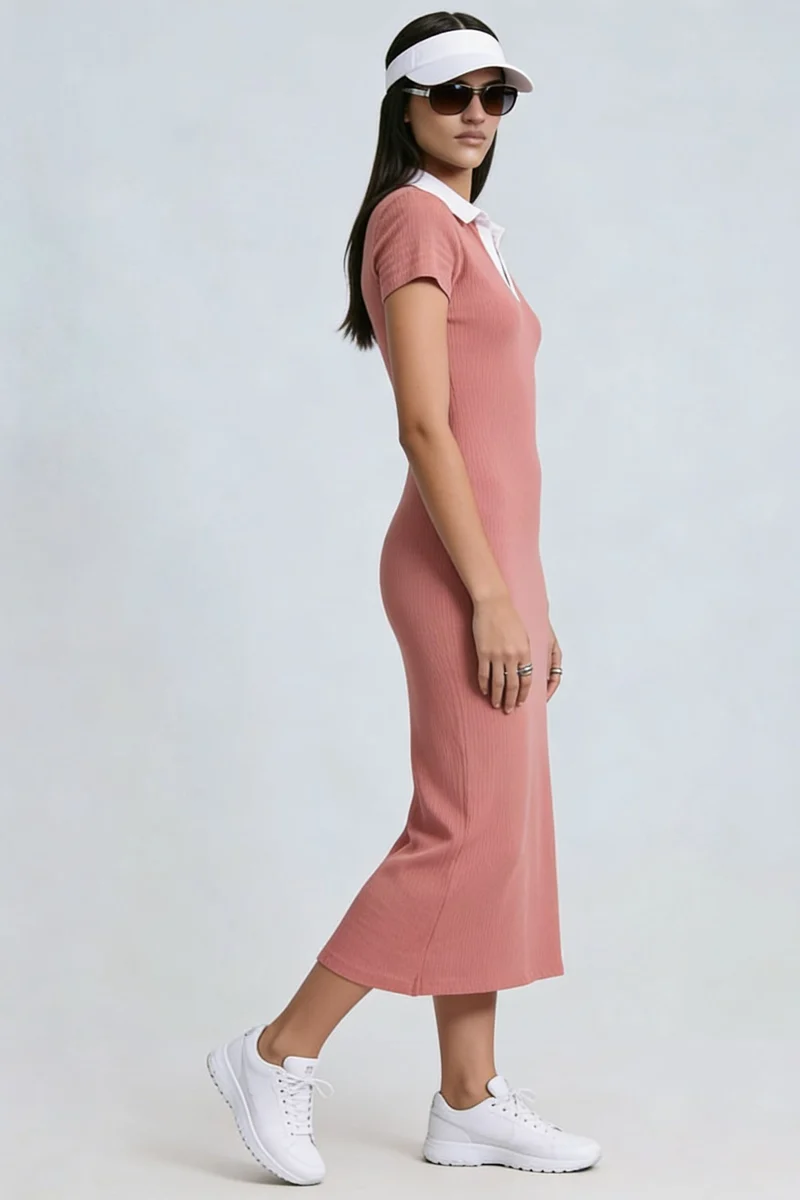 Nanai|100% Cotton Contrast Placket Midi Knit Dress